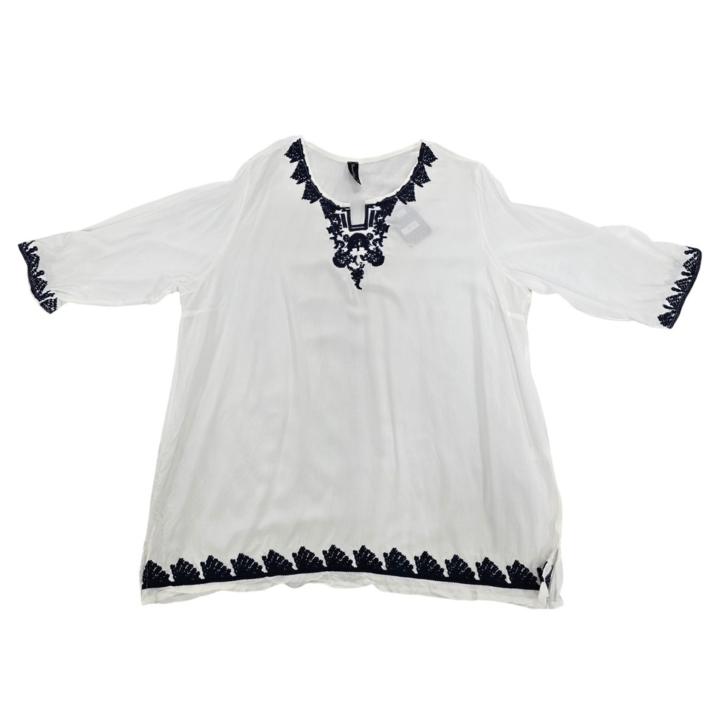 Sacred Threads Womens White Cotton Embroidered Tunic Top Boho Navy Blue OS NWT